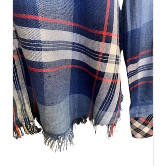 Dylan Plaid Button Front Blouse Fringe Hem Roll Up Sleeves Sz. L Packable - Picture 5 of 16